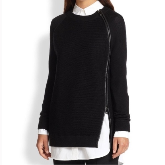 Vince Sweaters - Vince 100% wool leather trimmed zip textured black sweater size‎ XXS